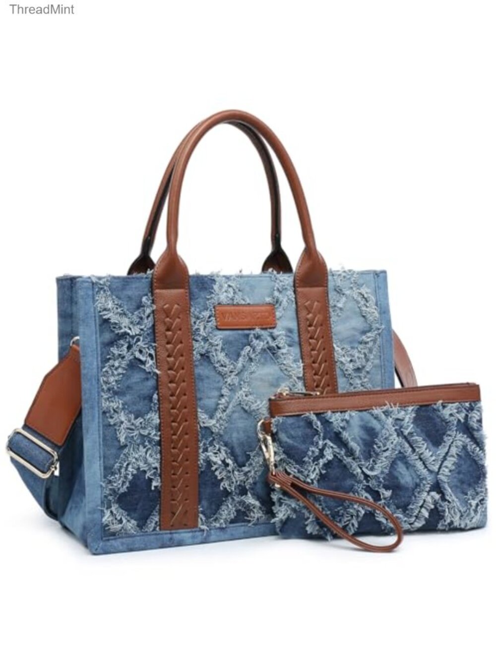 Vegan Leather Denim Tote Bag Satchel Purse Shoulder Handbag Women